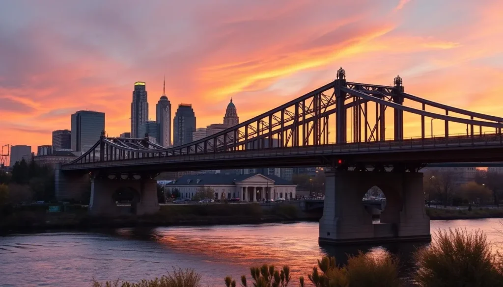 Generate an image of Jackson Street Bridge at sunset, with the Atlanta skyline in the background.