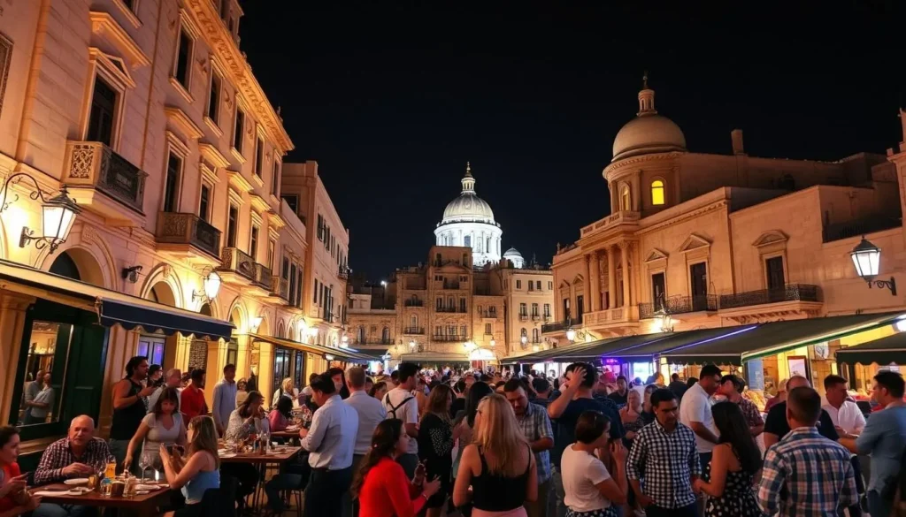 Generate an image of Jaffa's nightlife scene with historic buildings illuminated and people enjoying evening entertainment.