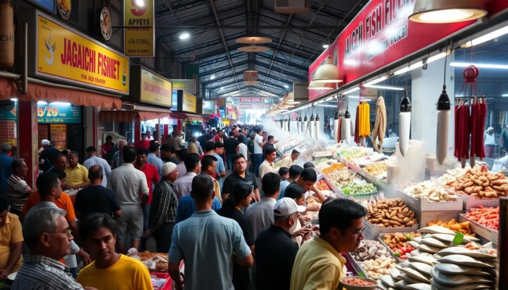 Generate an image of Jagalchi Fish Market with its bustling atmosphere and fresh seafood.