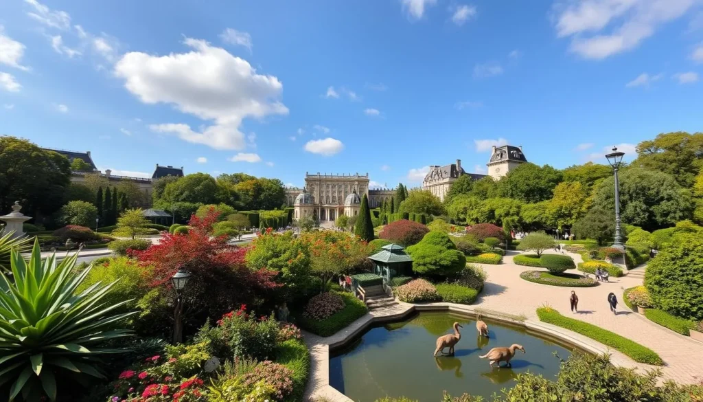 Generate an image of Jardin des Plantes with its botanical gardens and a small zoo.