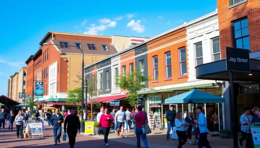 Generate an image of Jay Street Pedestrian Marketplace in Schenectady, featuring shops and pedestrians.