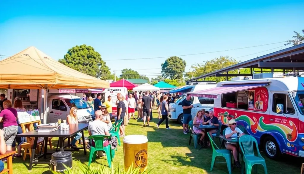 Generate an image of Jervis Bay Brewing Co.'s beer garden with a variety of craft beers and local food trucks.