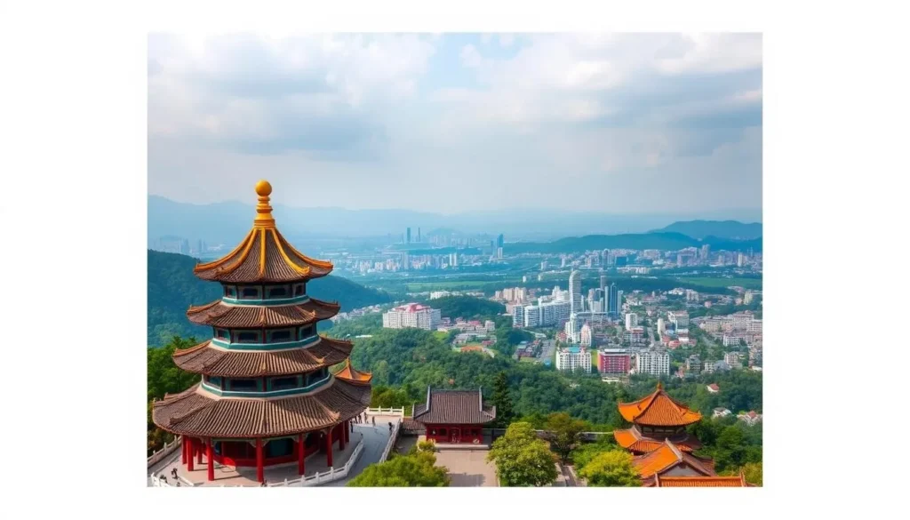 Generate an image of Jiming Temple, highlighting its Buddhist architecture and the panoramic views of Nanjing it offers.