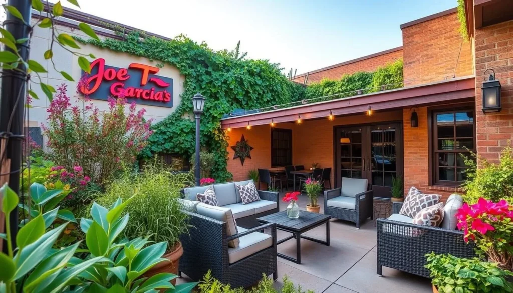 Generate an image of Joe T. Garcia's outdoor patio garden.