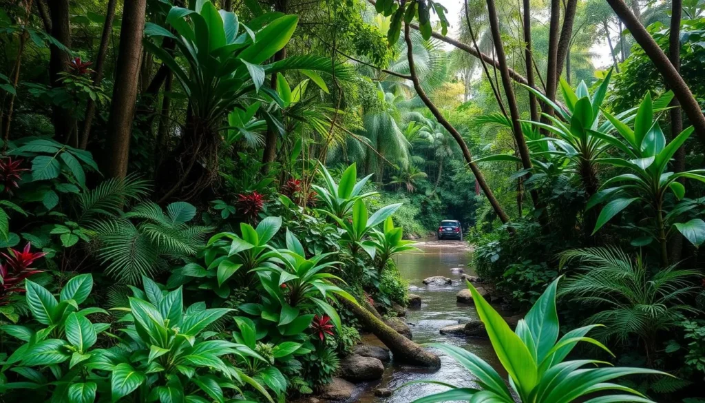 Generate an image of Joe's River Tropical Rainforest's lush vegetation.