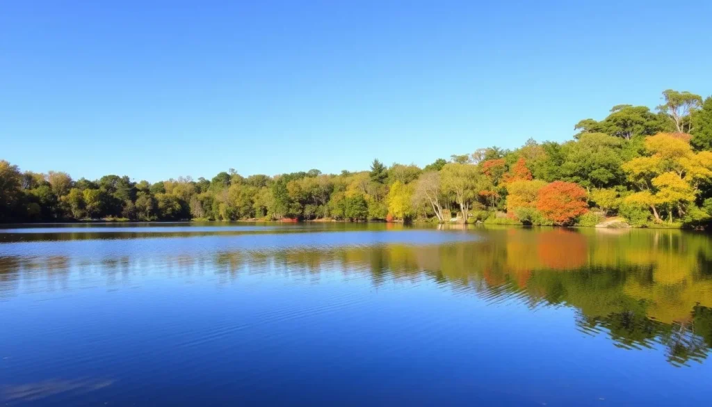 Generate an image of John James Audubon State Park with a serene lake and lush greenery.