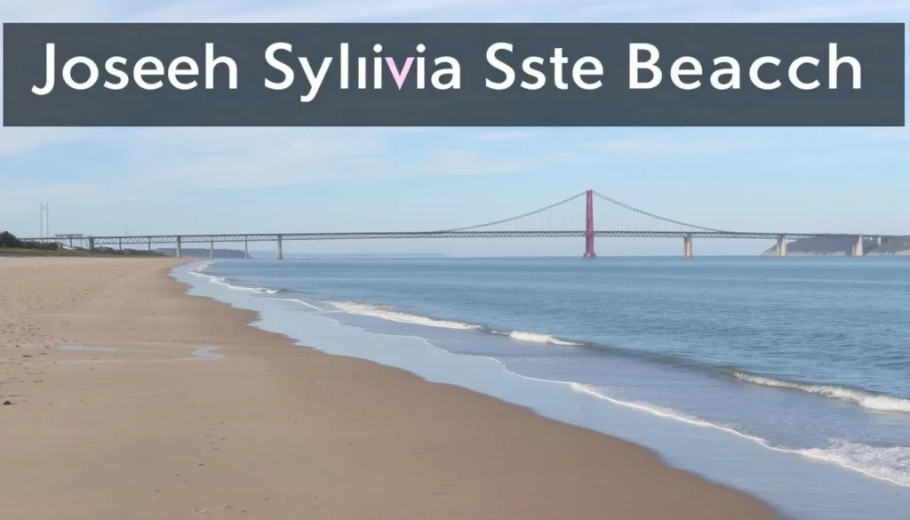 Generate an image of Joseph Sylvia State Beach, a 2.2-mile-long barrier beach with calm waters and "Big Bridge."
