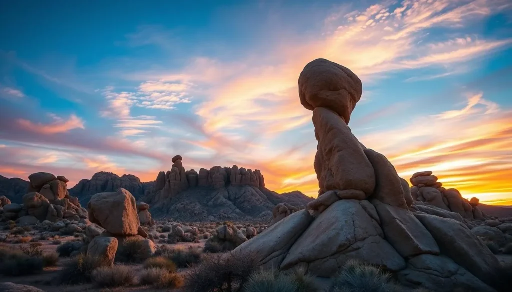 Generate an image of Joshua Tree National Park's unique rock formations at sunrise.