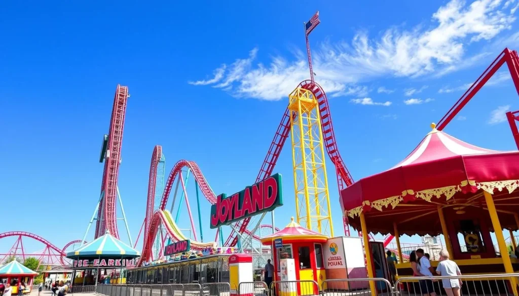 Generate an image of Joyland Amusement Park in Lubbock, showcasing its roller coasters and kid-friendly rides.
