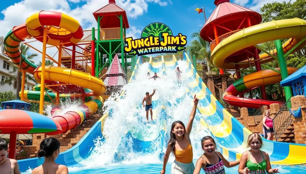 Generate an image of Jungle Jim's Waterpark's main water attraction.