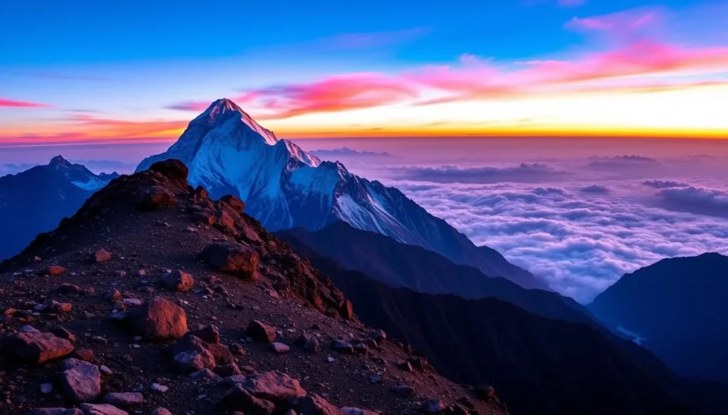 Generate an image of Kala Patthar at sunrise with Mount Everest in the background