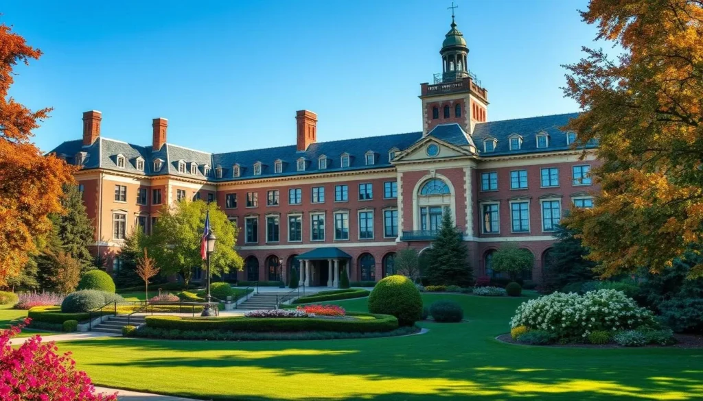 Generate an image of Kalamazoo College's campus, highlighting its historic architecture and landscaped grounds.