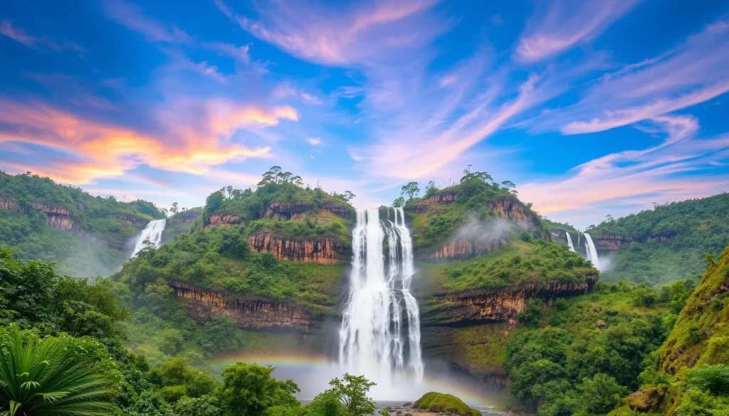 Generate an image of Kalandula Falls, a horseshoe-shaped waterfall with a 107-meter drop.
