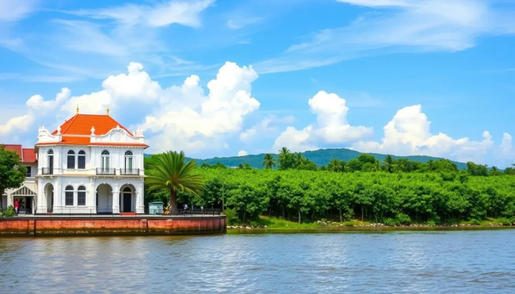 Generate an image of Kampot's riverside with French colonial buildings and a pepper farm in the background.