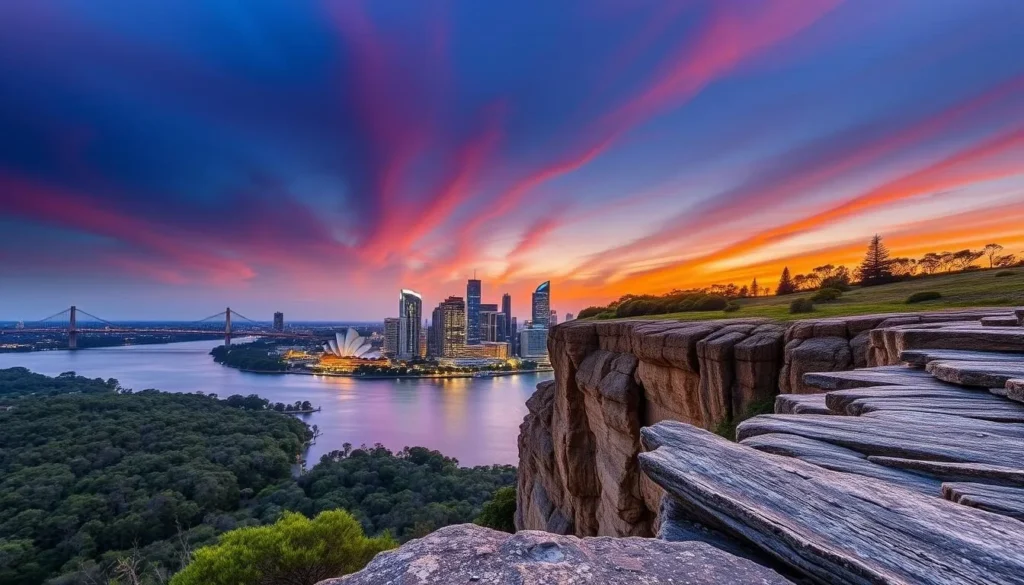 Generate an image of Kangaroo Point Cliffs at sunset with the Brisbane city skyline in the background.