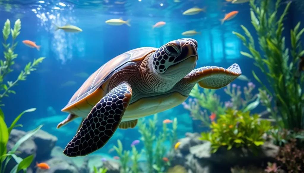 Generate an image of Kansas City Zoo and Aquarium with Tortellini the sea turtle