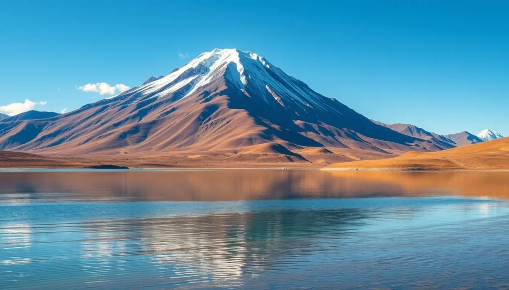 Generate an image of Karakul Lake with the majestic Muztagh Ata mountain in the background.
