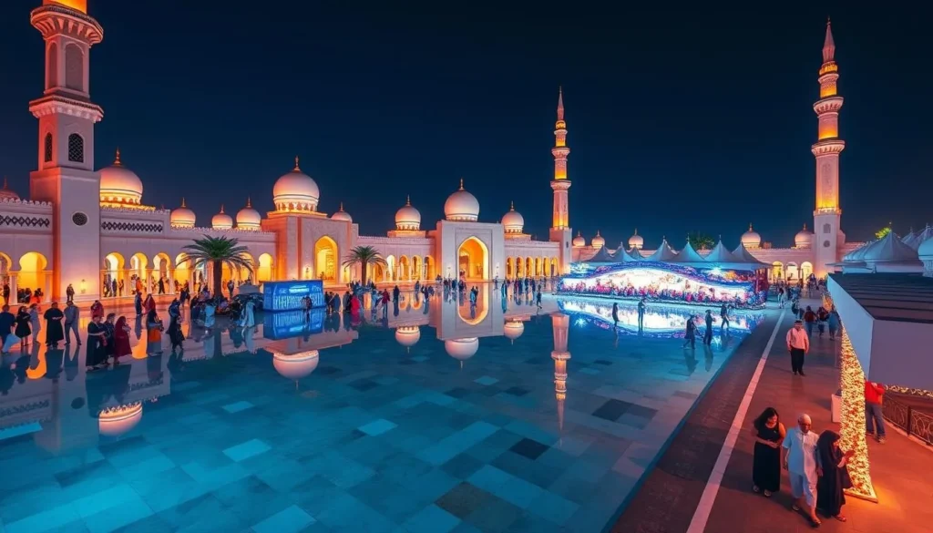 Generate an image of Katara Cultural Village with its beautiful mosques and cultural events