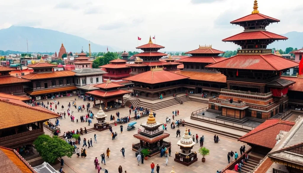 Generate an image of Kathmandu Durbar Square with its iconic temples and courtyards.