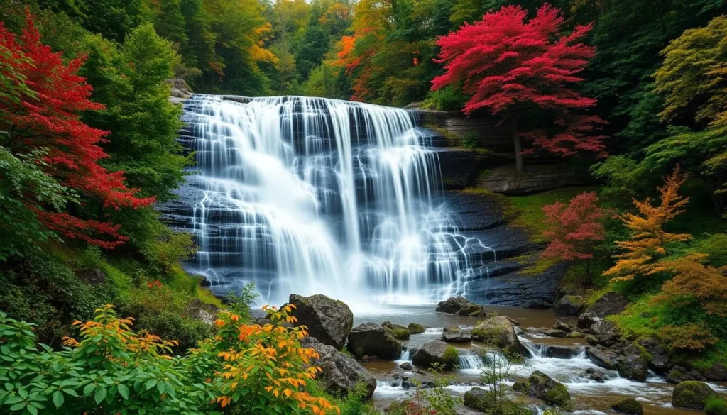 Generate an image of Kent Falls State Park's main waterfall, surrounded by lush greenery and vibrant foliage.
