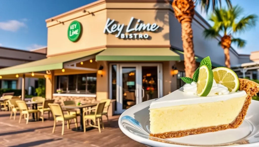 Generate an image of Key Lime Bistro's outdoor seating area or key lime pie.