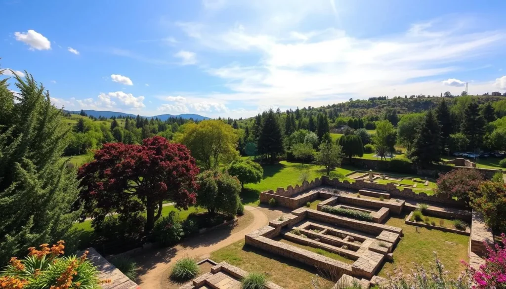 Generate an image of Keystone Heritage Park, showcasing its beautiful botanical gardens and archaeological site.