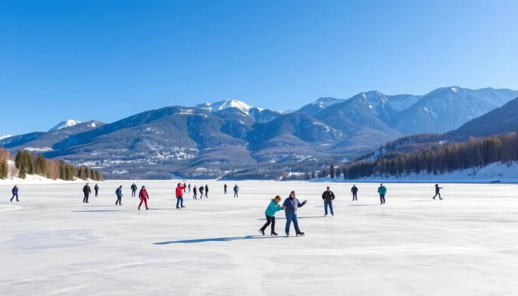 Generate an image of Keystone Lake during winter, with people ice skating and a beautiful mountain backdrop.