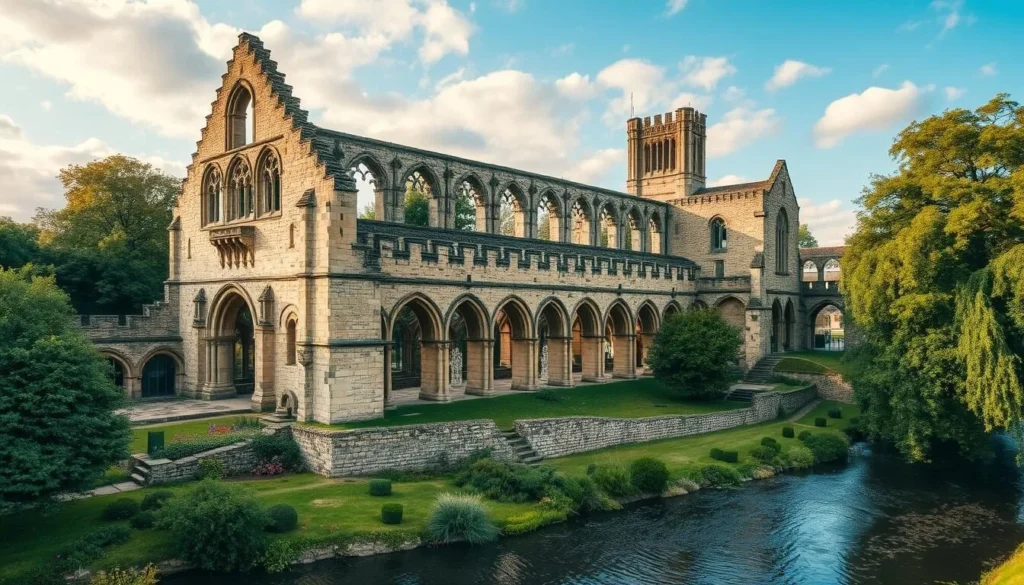 Generate an image of Kirkstall Abbey, showcasing its 900-year-old ruins and picturesque setting alongside the River Aire.