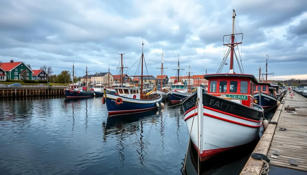 Generate an image of Klaipeda's scenic harbor with traditional fishing boats.