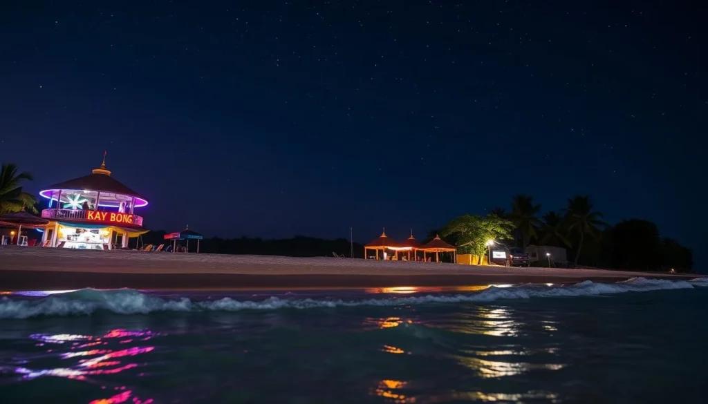 Generate an image of Koh Rong's beach at night with lit-up beach bars and a clear starry sky.