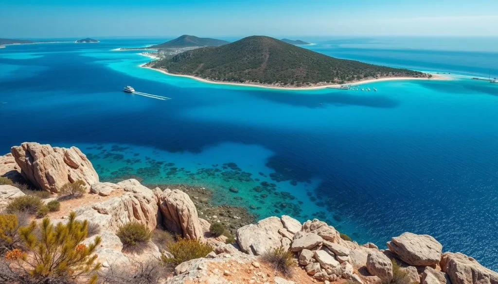Generate an image of Ksamil's turquoise waters and island scenery.