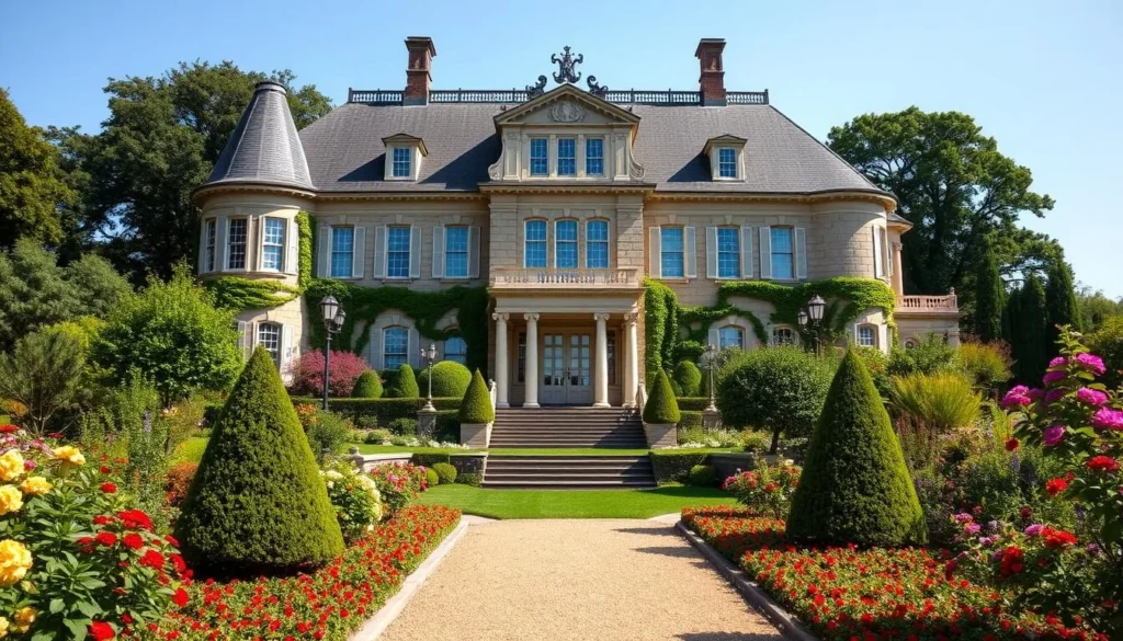 Generate an image of Kykuit, the Rockefeller Estate, showcasing its grand facade and beautifully maintained gardens.