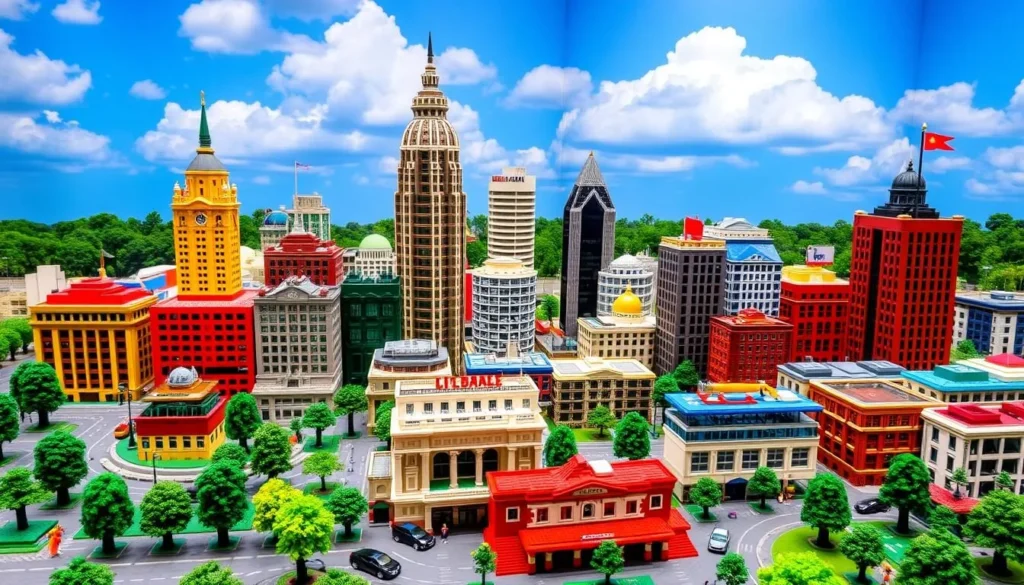 Generate an image of LEGOLAND Discovery Center's MINILAND featuring Atlanta's skyline.