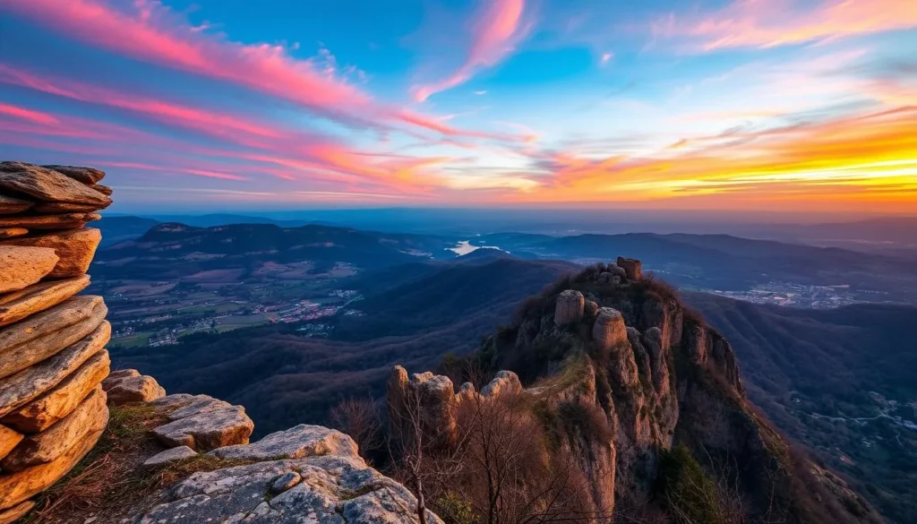 Generate an image of L'Hospitalet Viewpoint at sunset with Rocamadour in the distance.