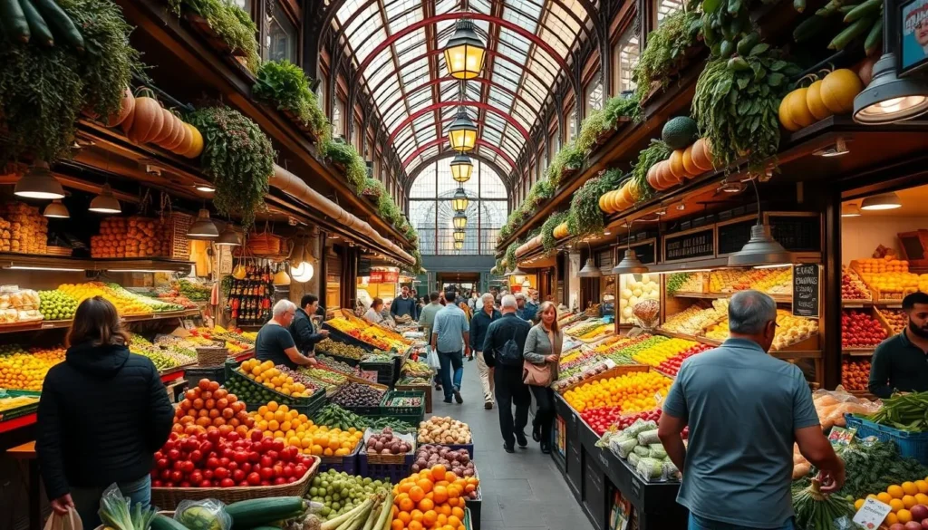 Generate an image of La Boqueria Market with fresh produce and food stalls.