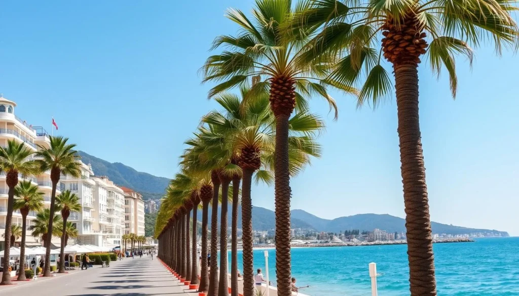 Generate an image of La Croisette with its iconic palm trees and luxury hotels.