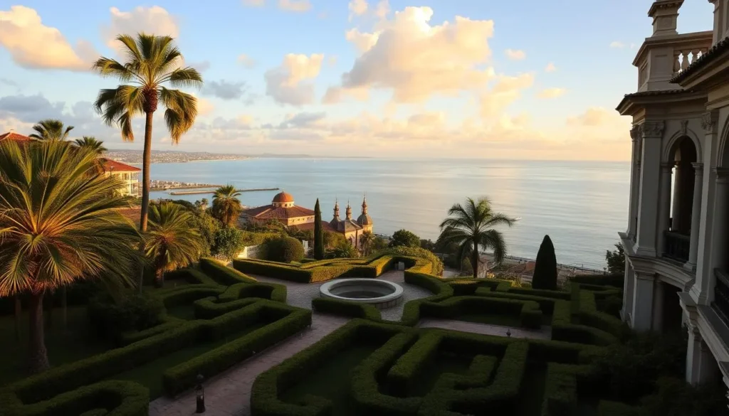 Generate an image of La Fortaleza, a historic mansion with a beautifully manicured garden and a stunning view of the bay. Generate an image of La Fortaleza, a historic mansion with a beautifully manicured garden and a stunning view of the bay.