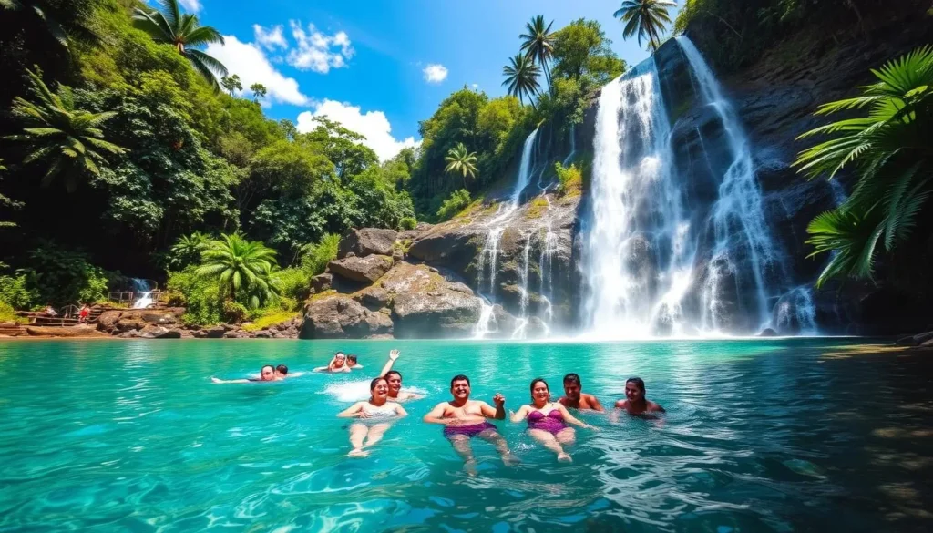 Generate an image of La Fortuna Waterfall, with visitors swimming in the natural pool at its base.