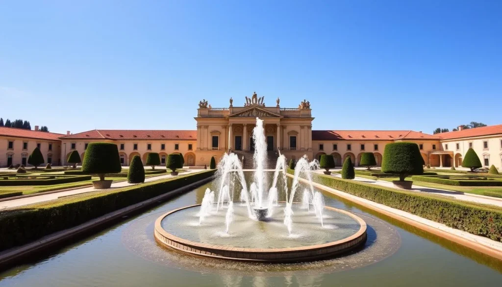Generate an image of La Granja de San Ildefonso Palace with its fountains and gardens.
