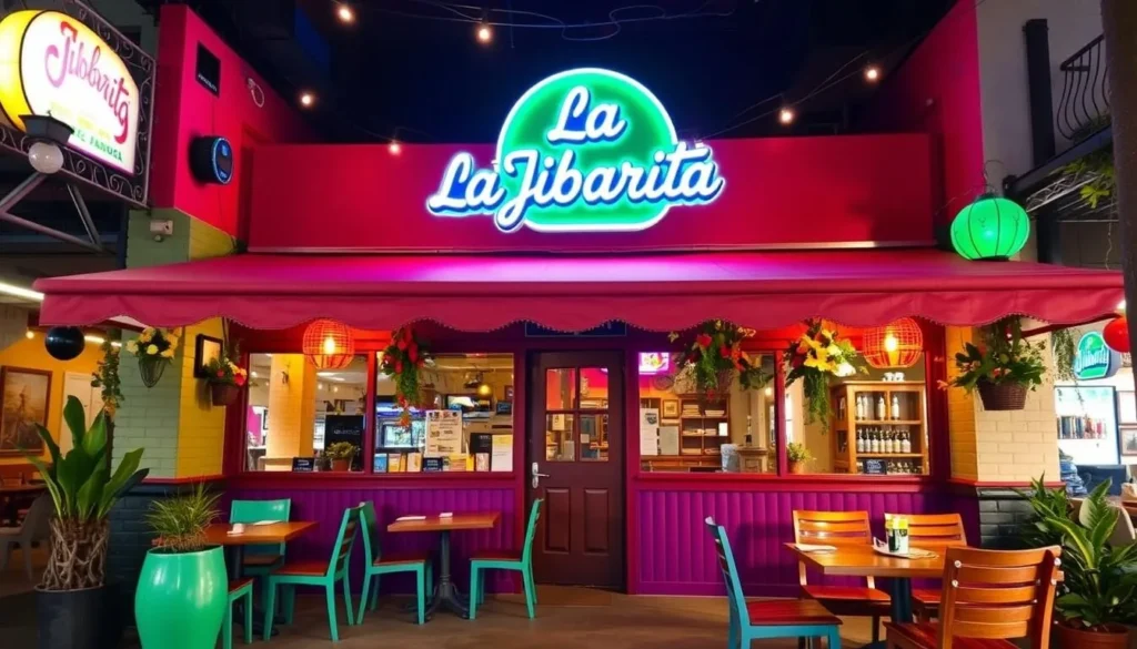 Generate an image of La Jibarita restaurant's exterior or interior, showcasing its vibrant atmosphere.