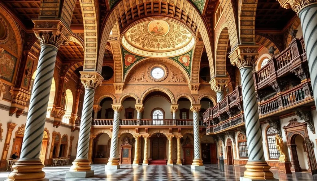 Generate an image of La Lonja de la Seda's main hall with spiral columns