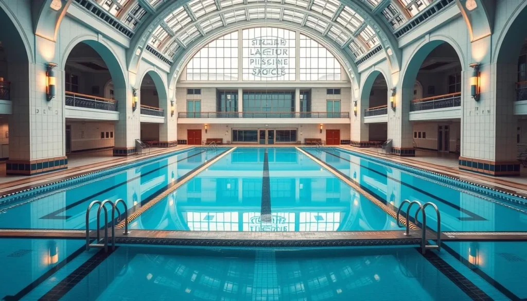 Generate an image of La Piscine Museum's Art Deco architecture with the iconic pool as the centerpiece.