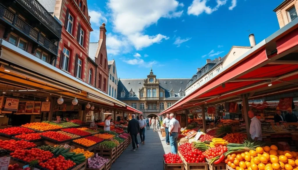 Generate an image of La Rochelle's Marché Central, showcasing its vibrant atmosphere and array of fresh produce.