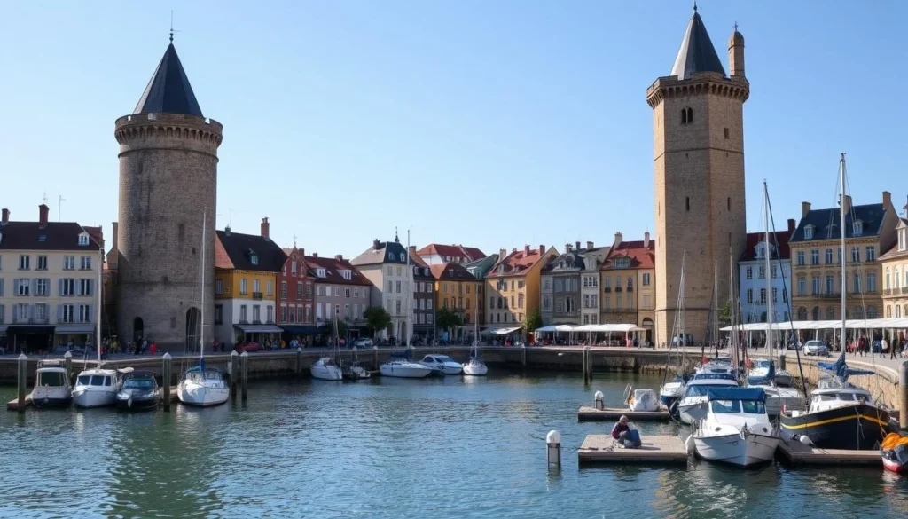 Generate an image of La Rochelle's Vieux Port with its historic towers and picturesque harbor.