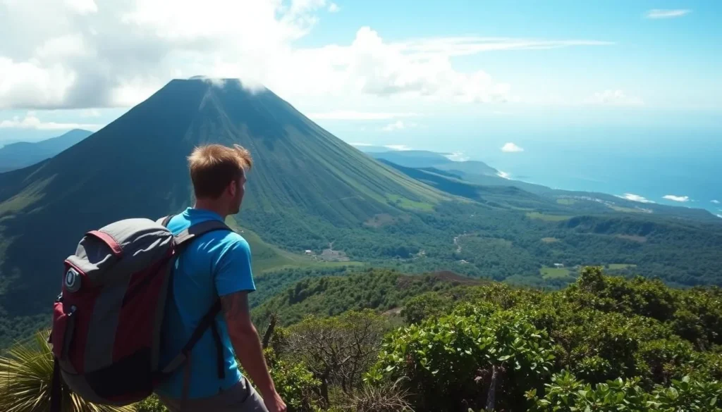 Generate an image of La Soufrière volcano, Guadeloupe, with a hiker in the foreground.