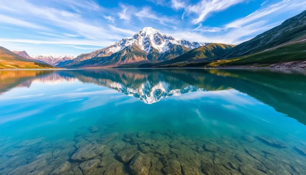Generate an image of Lac Blanc with Mont Blanc reflected in its calm waters. Generate an image of Lac Blanc with Mont Blanc reflected in its calm waters.