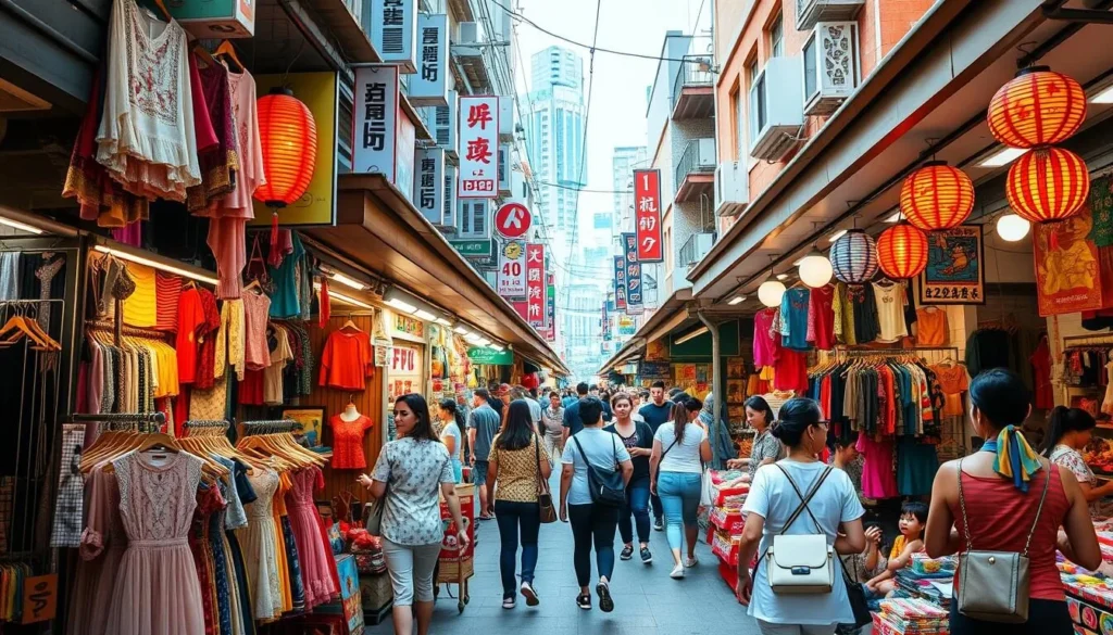 Generate an image of Ladies Market on Tung Choi Street with colorful stalls selling women's clothing and accessories.