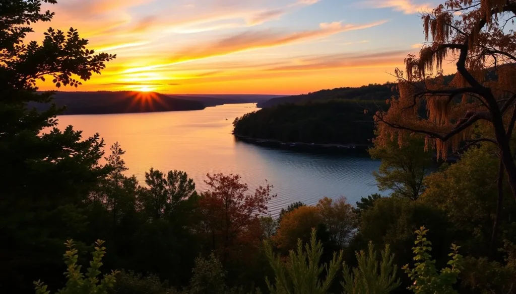Generate an image of Lake Barkley State Resort Park with a focus on the lake and surrounding landscape.