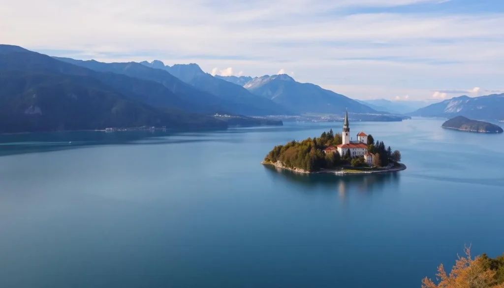 Generate an image of Lake Bled with its island and surrounding mountains.