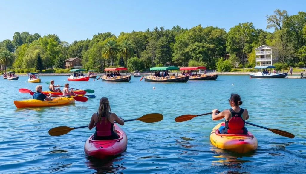 Generate an image of Lake Carolyn with people enjoying water activities and gondolas in the background.